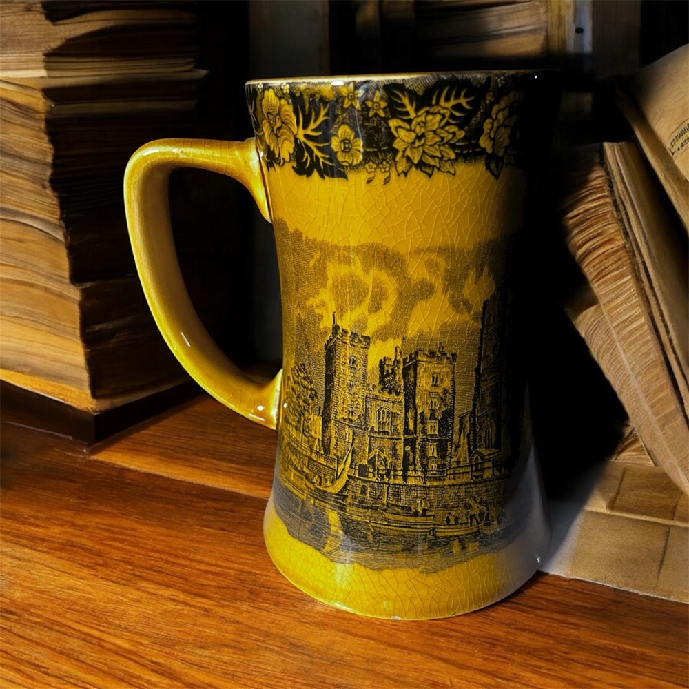 VTG Palissy tankard mug Lambeth Palace, James River scenes transferware design